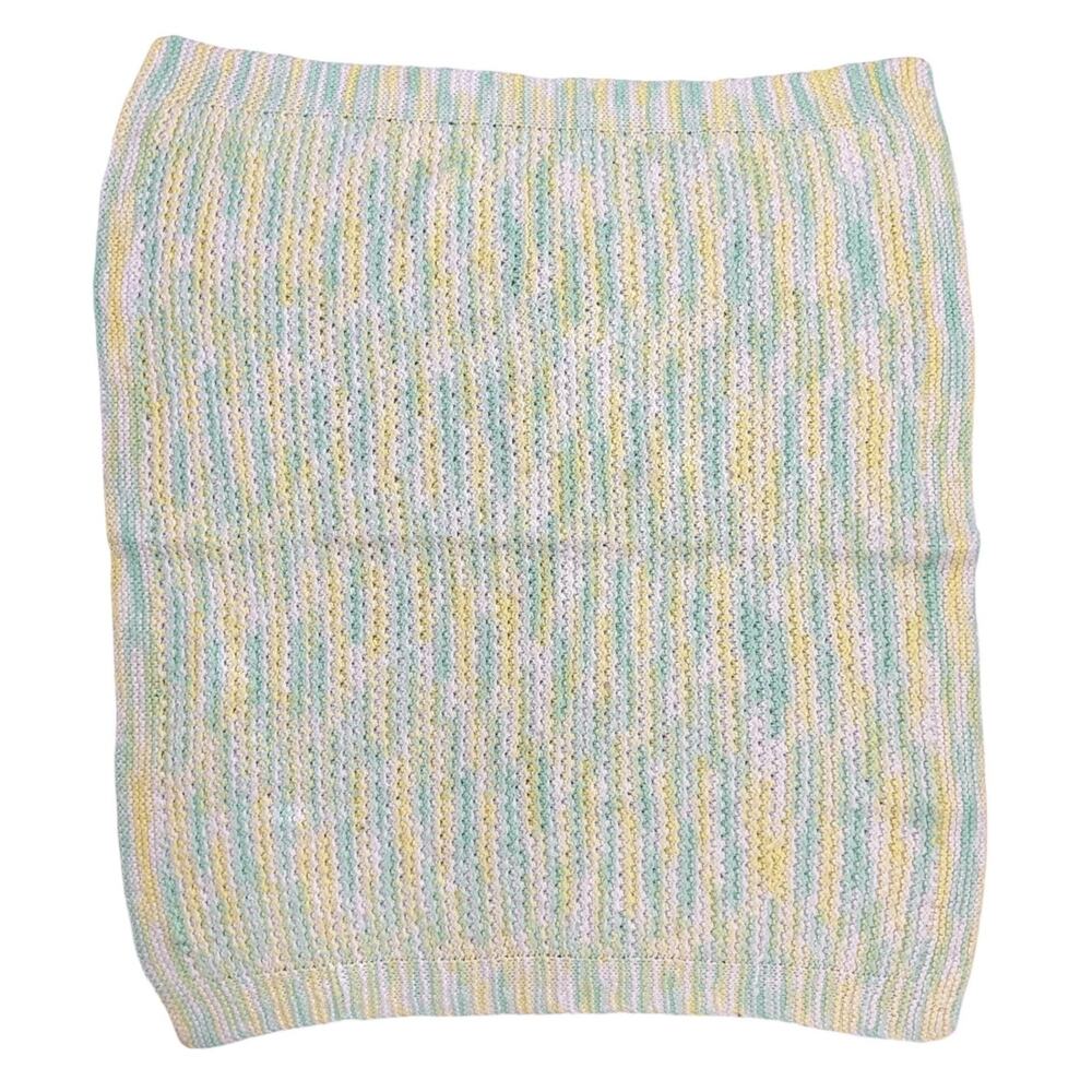 Vintage 1970s Hand Knit Baby Blanket Pastel Yellow Green Stripe 32x34
